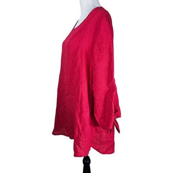 Yushi Poppy Red Swing Tunic Top OS Tie Sleeve Rayon Blend Lagenlook Scandi Boho - Picture 2 of 11
